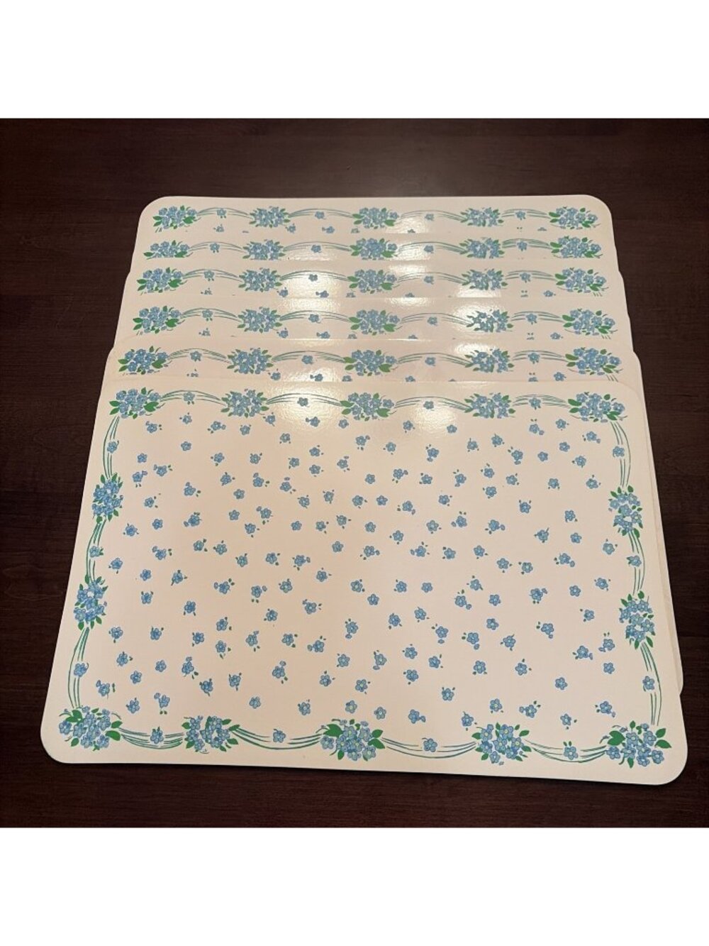Vintage Floral Vinyl Placemats 17X11" Blue Bouquets Cottagecore Retro Set of 6